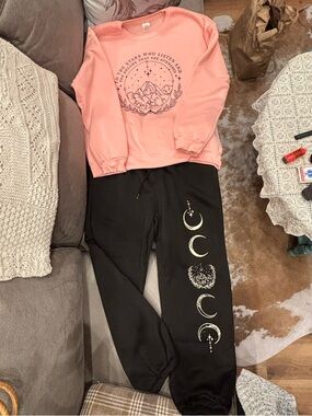 a new day Pink Graphic Sweatshirt & Black Moon Joggers Set